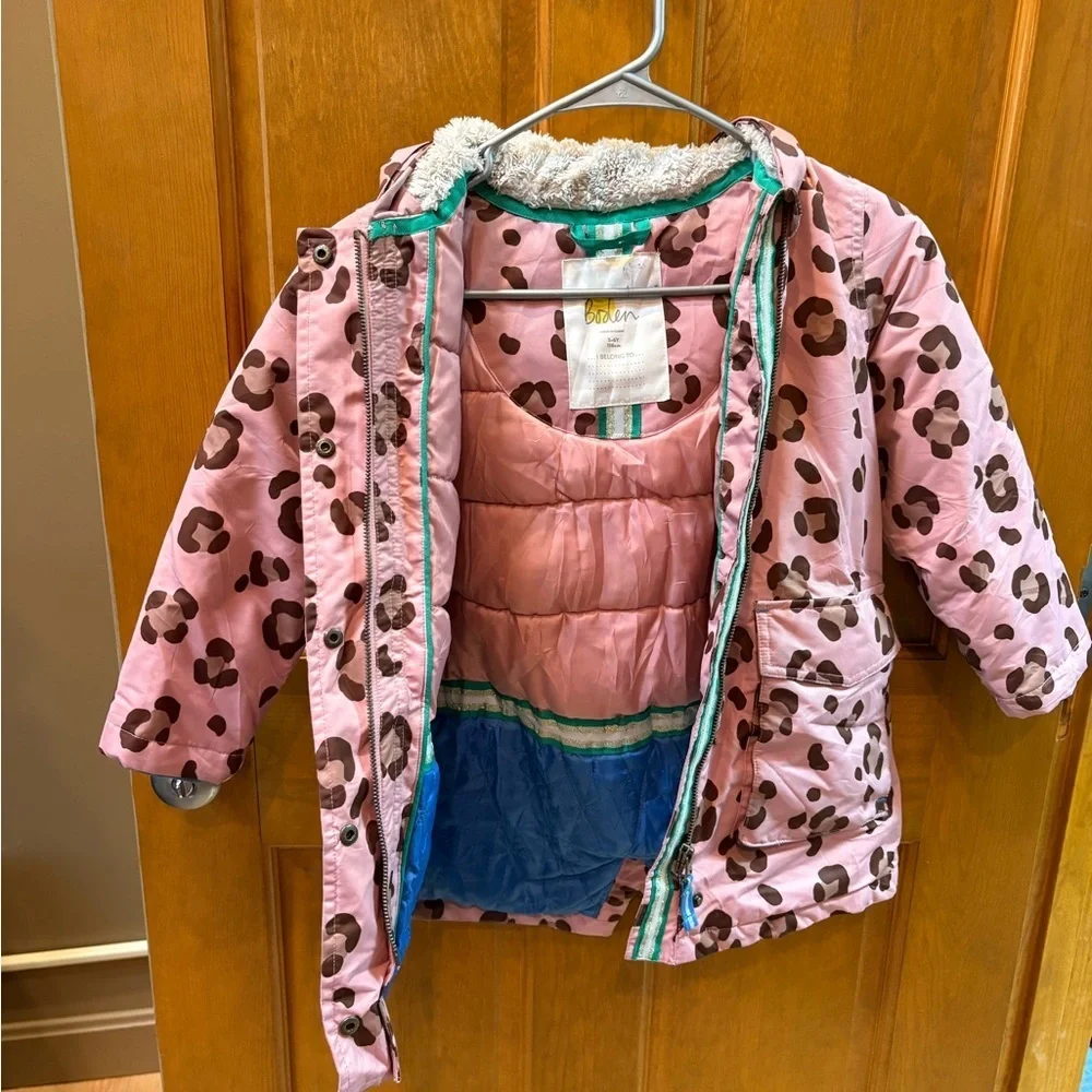 Mini Boden Pink Animal Print Waterproof Parka Size 5-6y